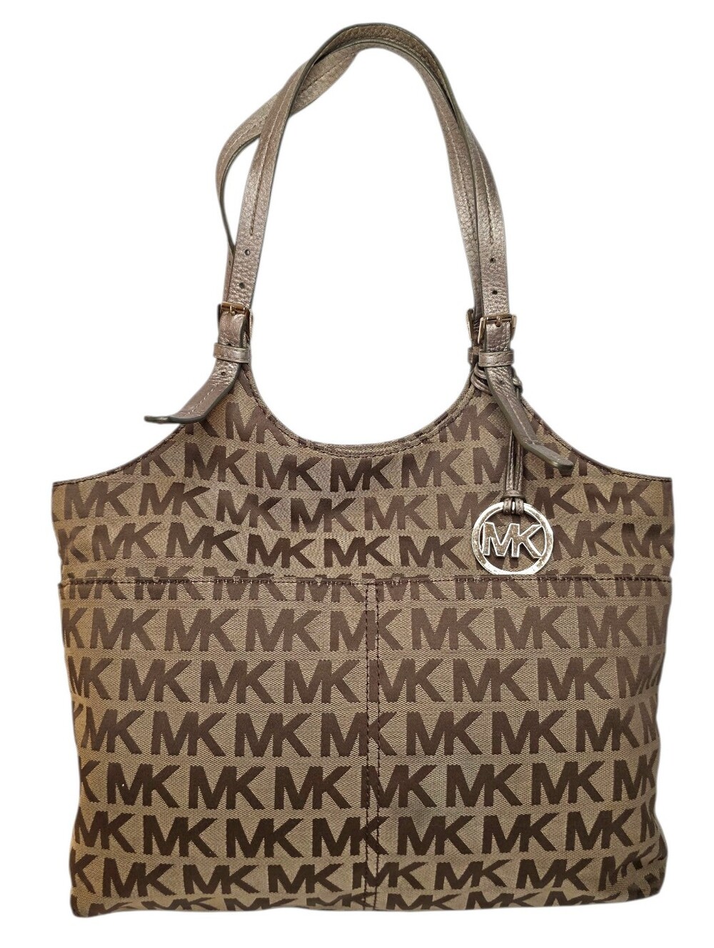 Michael Kors Tote Bag Jet Set Brown Signature Fabric Bronze Leather Straps